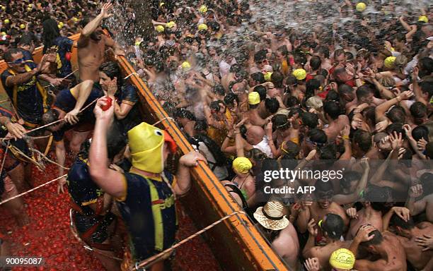 Revellers throw tomatoes during the Tomatina festival in Bunol on August 26, 2009. Tens of thousands of people from around the world hurled tons of...
