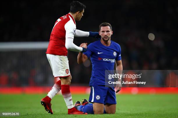 Alexis Sanchez of Arsenal shakes hands with Danny Drinkwater of Chelsea after the final whistle after the Premier League match between Arsenal and...