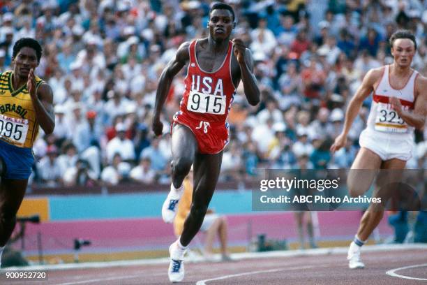 Los Angeles, CA João Batista da Silva, Carl Lewis, Ralf Lübke, Men's Track 200 metres competition, Memorial Coliseum, at the 1984 Summer Olympics,...