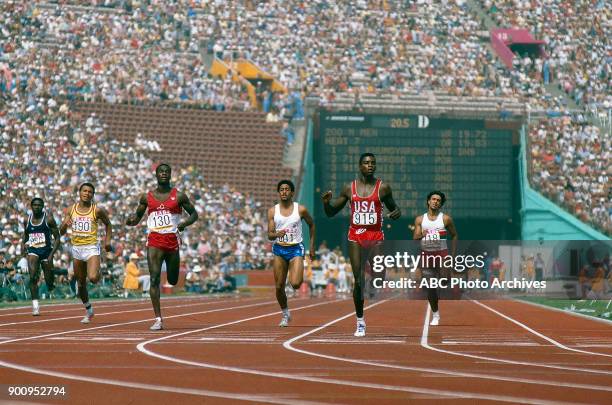 Los Angeles, CA Atlee Mahorn, João Batista da Silva, Carl Lewis, Men's Track 200 metres competition, Memorial Coliseum, at the 1984 Summer Olympics,...