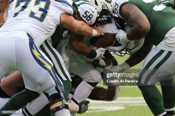 Linebacker Darron Lee of the New York Jets in action against the Los Angeles Chargers in an NFL game at MetLife Stadium on December 24, 2017 in East...