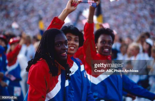 Los Angeles, CA Chandra Cheeseborough Florence Griffith Joyner, Opening ceremonies at the 1984 Summer Olympics, Memorial Coliseum, July 28, 1984.