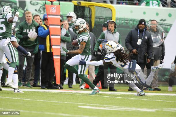 Wide Receiver Robby Anderson of the New York Jets in action against the Los Angeles Chargers in an NFL game at MetLife Stadium on December 24, 2017...