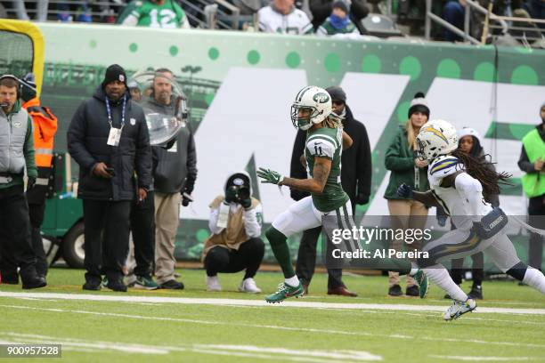 Wide Receiver Robby Anderson of the New York Jets in action against the Los Angeles Chargers in an NFL game at MetLife Stadium on December 24, 2017...