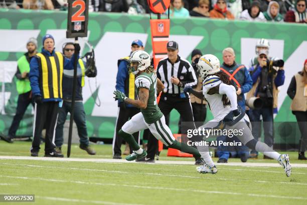 Wide Receiver Robby Anderson of the New York Jets in action against the Los Angeles Chargers in an NFL game at MetLife Stadium on December 24, 2017...