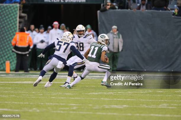 Wide Receiver Robby Anderson of the New York Jets in action against the Los Angeles Chargers in an NFL game at MetLife Stadium on December 24, 2017...