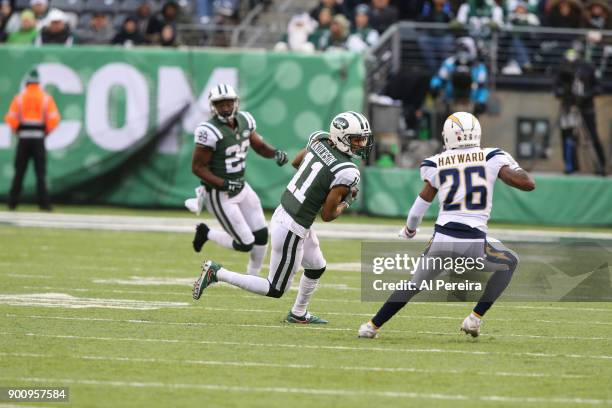 Wide Receiver Robby Anderson of the New York Jets in action against the Los Angeles Chargers in an NFL game at MetLife Stadium on December 24, 2017...