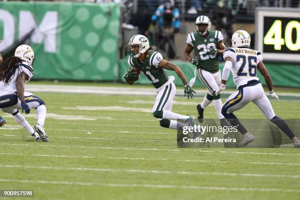 Wide Receiver Robby Anderson of the New York Jets in action against the Los Angeles Chargers in an NFL game at MetLife Stadium on December 24, 2017...