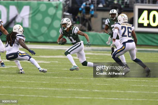 Wide Receiver Robby Anderson of the New York Jets in action against the Los Angeles Chargers in an NFL game at MetLife Stadium on December 24, 2017...