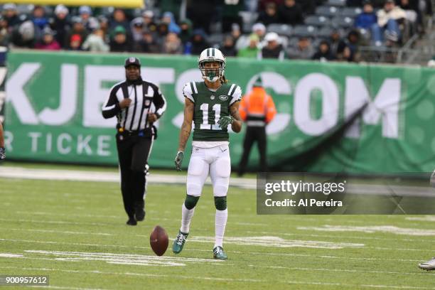 Wide Receiver Robby Anderson of the New York Jets in action against the Los Angeles Chargers in an NFL game at MetLife Stadium on December 24, 2017...