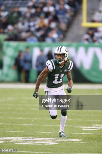 Wide Receiver Robby Anderson of the New York Jets in action against the Los Angeles Chargers in an NFL game at MetLife Stadium on December 24, 2017...