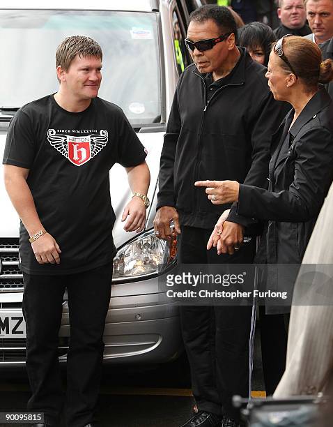 Boxing legend Muhammad Ali aided by his wife Lonnie and meets Ricky Hatton as part of his Uk charity tour on August 26, 2009 in Manchester, England....