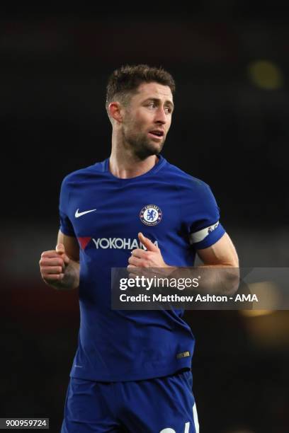 Gary Cahill of Chelsea in action during the Premier League match between Arsenal and Chelsea at Emirates Stadium on January 3, 2018 in London,...