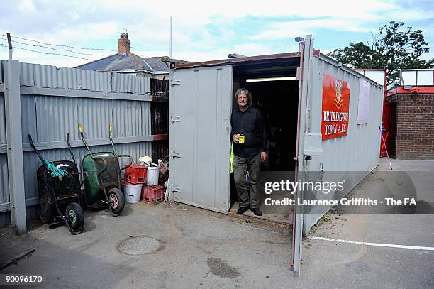 Hendrick Korevaar, Groundman at Bridlington AFC poses for a portrait before the FA Cup Extra Preliminary Round match between Scarborough Athletic and...