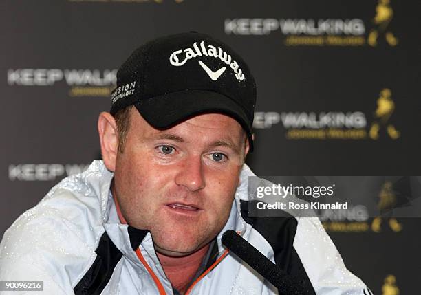 Alastair Forsyth of Scotland during his press conference before the pro-am event prior to the Johnnie Walker Championship on the PGA Centenary Course...