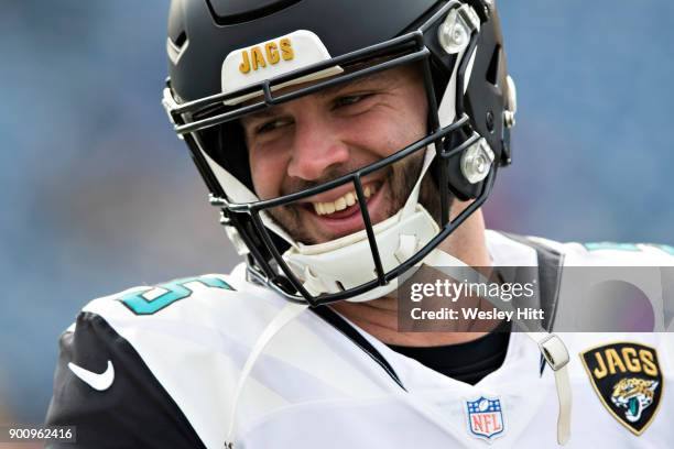 Blake Bortles of the Jacksonville Jaguars warms up before a game against the Tennessee Titans at Nissan Stadium on December 31, 2017 in Nashville,...