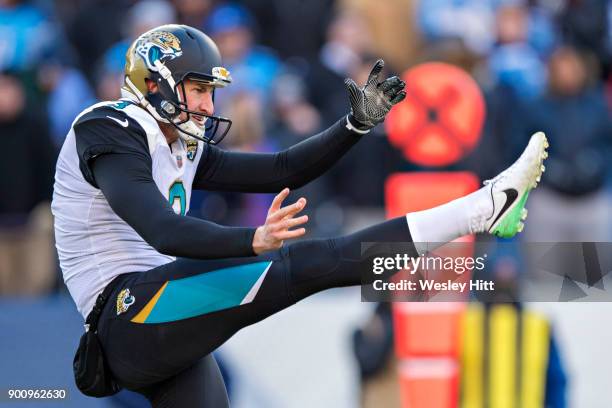 Brad Nortman of the Jacksonville Jaguars punts the ball during a game against the Tennessee Titans at Nissan Stadium on December 31, 2017 in...