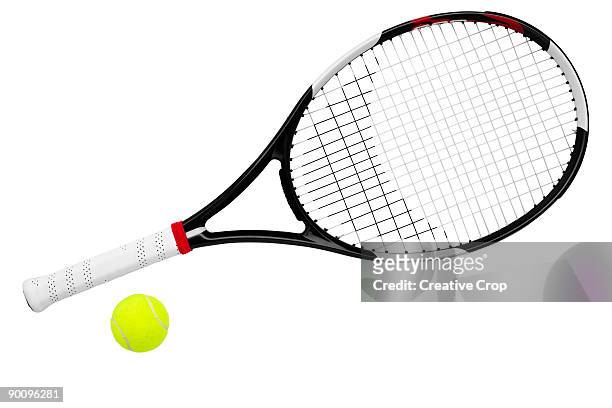 tennis racket and tennis ball - tennisschläger stock-fotos und bilder