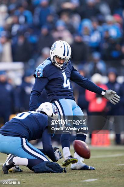 Ryan Succop of the Tennessee Titans kicks a extra point during a game against the Jacksonville Jaguars at Nissan Stadium on December 31, 2017 in...