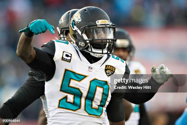 Telvin Smith of the Jacksonville Jaguars celebrates after a big play during a game against the Tennessee Titans at Nissan Stadium on December 31,...