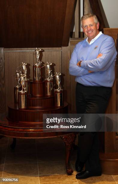 Colin Montgomerie of Scotland with his European Tour Order of Merit trophys in Gleneagles on August 26, 2009 in Auchterarder, Scotland.
