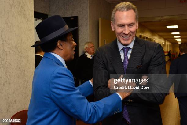 Bryan Colangelo and Sonny Hill talk before the game between the Washington Wizards and the Philadelphia 76ers on November 29, 2017 at the Wells Fargo...