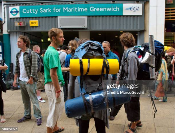 Climate Camp protester arrive by DLR at Cutty Sark before heading to their final destination of Blackheath on August 26, 2009 in London, England....