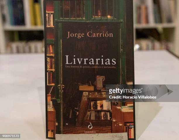 Copy of the Portuguese edition of "Livrarias" , last book of Spanish novelist and essayist Jorge Carrion, seen on display on the counter of "Ler...