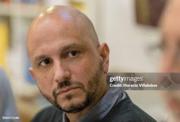 Spanish novelist and essayist Jorge Carrion seen at Ler Devagar bookstore in LX Factory during his talk about his last book "Livrarias" on January...