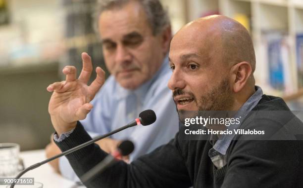 Spanish novelist and essayist Jorge Carrion talks about his last book "Livrarias" at Ler Devagar bookstore in LX Factory on January 03, 2018 in...