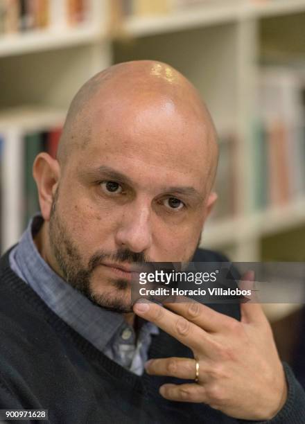 Spanish novelist and essayist Jorge Carrion seen at Ler Devagar bookstore in LX Factory during his talk about his last book "Livrarias" on January...