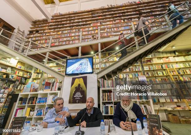 Spanish novelist and essayist Jorge Carrion is flanked by Ler Devagar bookshop owner Jose Pinho and Portuguese Quetzal publisher Francisco Jose...