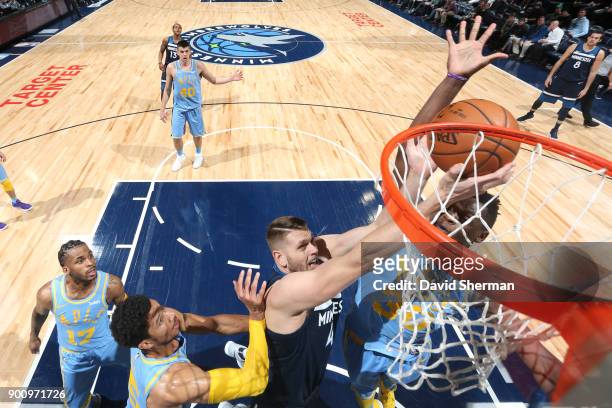 Cole Aldrich of the Minnesota Timberwolves shoots the ball against the Los Angeles Lakers on January 1, 2018 at Target Center in Minneapolis,...