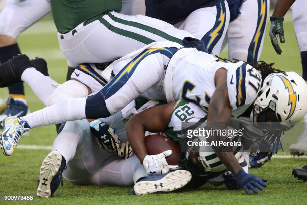 Safety Jaheel Addae of the Los Angeles Chargers in action against the New York Jets in an NFL game at MetLife Stadium on December 24, 2017 in East...