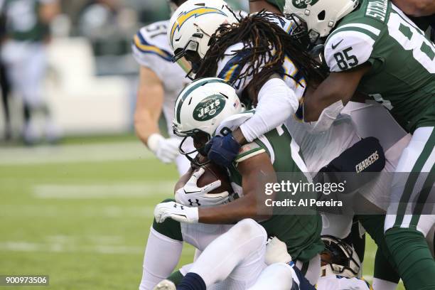 Safety Jaheel Addae of the Los Angeles Chargers in action against the New York Jets in an NFL game at MetLife Stadium on December 24, 2017 in East...