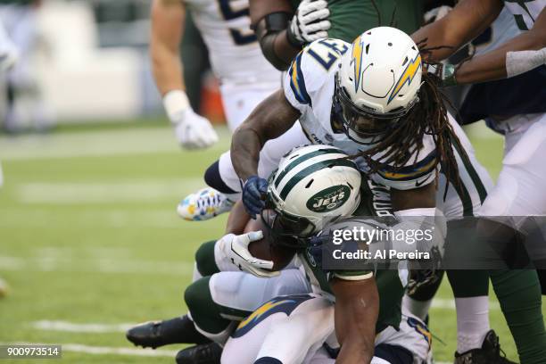 Safety Jaheel Addae of the Los Angeles Chargers in action against the New York Jets in an NFL game at MetLife Stadium on December 24, 2017 in East...