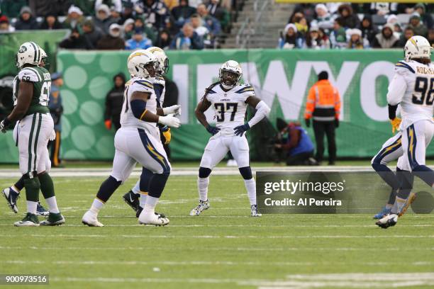 Safety Jaheel Addae of the Los Angeles Chargers in action against the New York Jets in an NFL game at MetLife Stadium on December 24, 2017 in East...