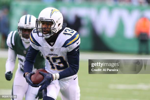 Wide Receiver Kennan Allen of the Los Angeles Chargers in action against the New York Jets in an NFL game at MetLife Stadium on December 24, 2017 in...