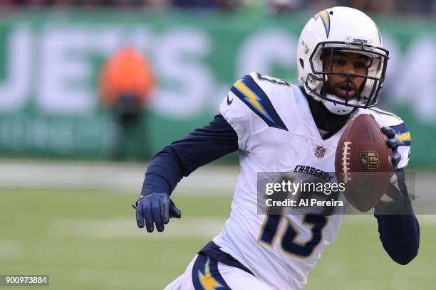 Wide Receiver Kennan Allen of the Los Angeles Chargers in action against the New York Jets in an NFL game at MetLife Stadium on December 24, 2017 in...