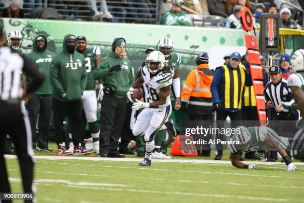 Running Back Melvin Gordon of the Los Angeles Chargers in action against the New York Jets in an NFL game at MetLife Stadium on December 24, 2017 in...