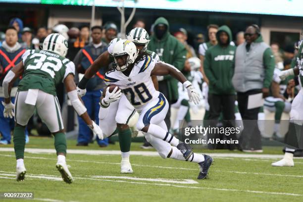 Running Back Melvin Gordon of the Los Angeles Chargers in action against the New York Jets in an NFL game at MetLife Stadium on December 24, 2017 in...