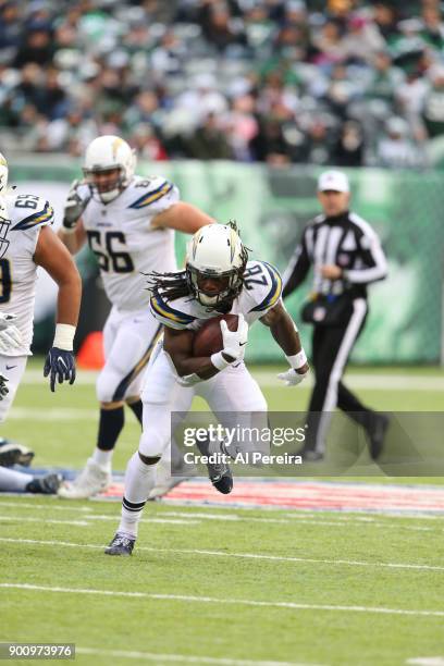 Running Back Melvin Gordon of the Los Angeles Chargers in action against the New York Jets in an NFL game at MetLife Stadium on December 24, 2017 in...