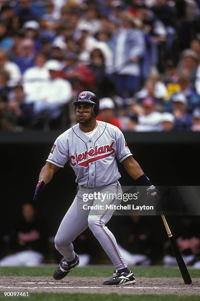 Albert Belle of the Cleveland Indians takes a swing during a baseball game against the Baltimore Orioles on May 1, 1994 at Camden Yards in Baltimore,...