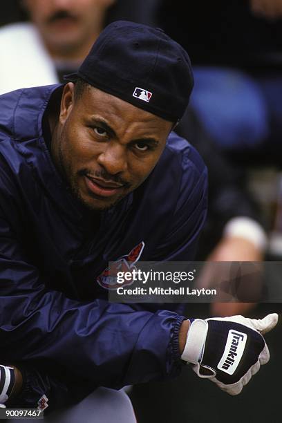 Albert Belle of the Cleveland Indians looks on before during a baseball game against the Baltimore Orioles on May 1, 1994 at Camden Yards in...