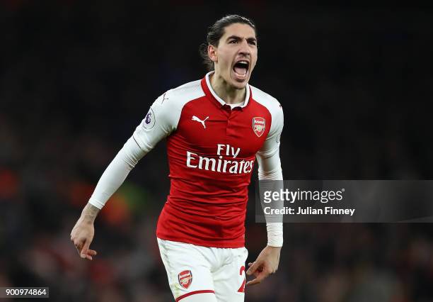 Hector Bellerin of Arsenal celebrates scoring his teams second goal during the Premier League match between Arsenal and Chelsea at Emirates Stadium...