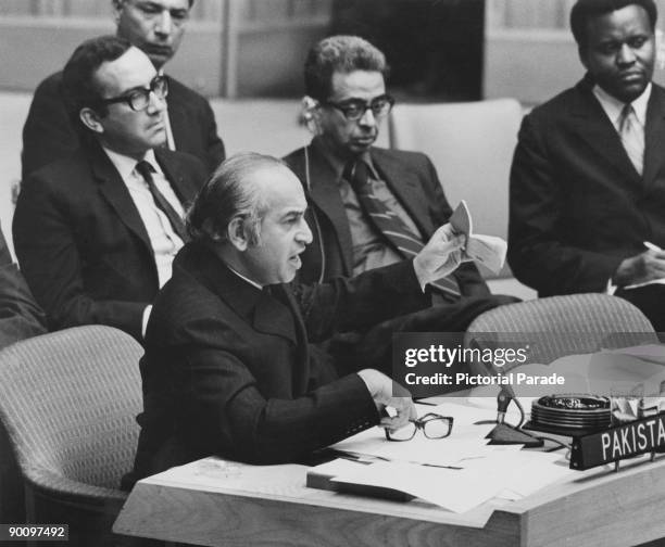 Foreign Minister of Pakistan Zulfikar Ali Bhutto addressing the United Nations Security Council, New York, during a meeting held on 12th-13th...
