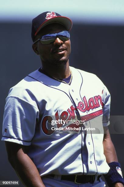 Albert Belle of the Cleveland Indians looks on before a baseball game against the Baltimore Orioles on April 5, 1995 at Camden Yards in Baltimore,...