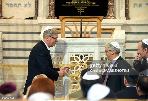 Latvia President Valdis Zatlers attends a ceremony for the unveiling of the Riga synagogue on August 26, 2009. In the pre-war period, Latvia had...
