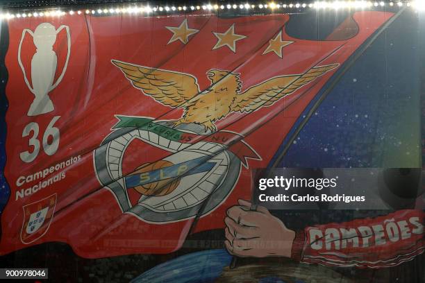 Benfica supporters shows a banner before the match between SL Benfica and Sporting CP for the Portuguese Primeira Liga at Estadio da Luz on January...