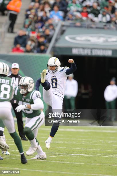 Punter Drew Kaser of the Los Angeles Chargers in action against the New York Jets in an NFL game at MetLife Stadium on December 24, 2017 in East...
